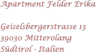Apartment Felder Erika  Geiselsbergerstrasse 13 39030 Mitterolang S�dtirol - Italien